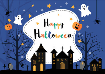 Happy Halloween party poster card with ghost house castle, pumpkins , ghost, spider and tomb at night background with star and silhouette dead trees Vector illustration, invitation background