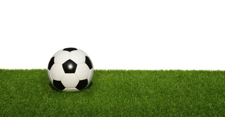 Soccer ball on green sports floor isolated on white