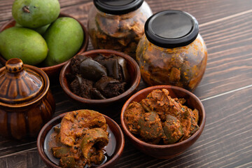 Mango Pickle Also Called Aam Ka Achar, Organic Dry Kachi Keri Achaar, Masaledar Sookha Kairi Made Of Kacha Raw Green Sliced Mangoes Mixed Marinated With Ghani Sarson Tel, Masala, Spices, Mustard Oil