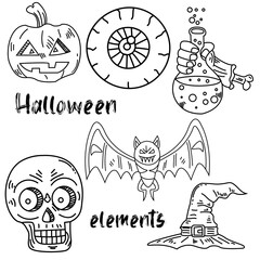 Halloween doodle, Line art Halloween Icons Big Set. Scary Sweets and Treats Icons Collection.