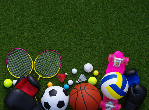 Various sport tools on grass © Alekss