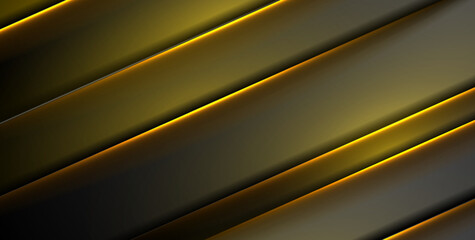Obraz premium Abstract dark grey background with orange yellow neon glowing stripes. Vector technology design