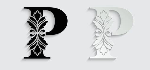 Fototapeta na wymiar letter P flower letters. Vintage ornament initial Alphabet. Logo vector 