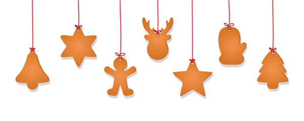 christmas card with hanging gingerbread cookies decoration on blue background