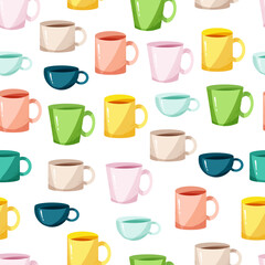 Porcelain mugs seamless print. A set of tea cups. Vector illustration in cartoon flat style.