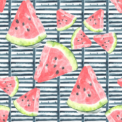 hand drawn watermelons, seamless pattern. Cute summer fresh fruit print. Red watermelon slices with seeds repeat texture on blue background