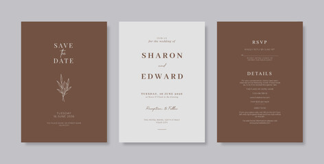 Beautiful brown engraved wedding invitation template. set of wedding invitation template with beautiful flower. engraved wedding invitation template