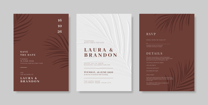 Elegant and beautiful brown wedding invitation template. set of wedding invitation with engraved leaves.
