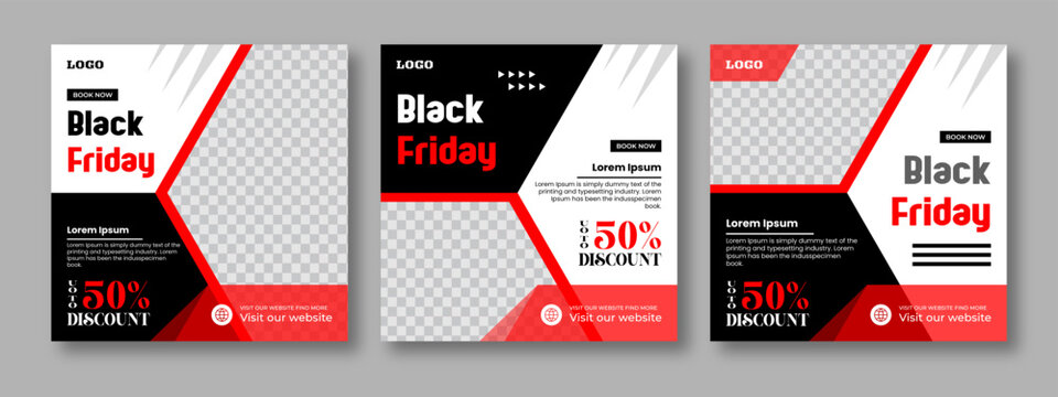  Set Of Black Friday Sale Social Media Pack Template And Instagram Post, Suitable For Social Media Post, Web Ads, Internet Ads, Advertising Banner. Black Friday Holiday Event.