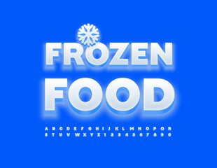 Vector snow sign Frozen Food with decorative Snowflake. Creative White Font. Modern 3D Alphabet Letters and Numbers