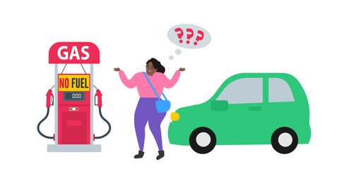 upset confused driver african american woman and her car near the gas station with no fuel sign crisis vector illustration