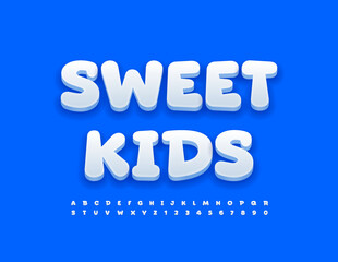 Vector funny sign Sweet Kids with cute white Font. Comic style set of Alphabet Letters and Numbers