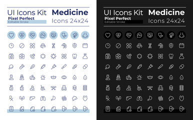 Medicine pixel perfect linear ui icons set for dark, light mode. Medical treatment. Outline isolated user interface elements for night, day themes. Editable stroke. Montserrat Bold, Light fonts used