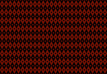 Seamless design with repeated black and red rhombuses or diamonds and small opposite color circles in the middle of each of them, harlequin inspired pattern with elongated shapes arranged vertically