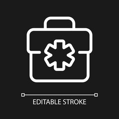 Medical bag pixel perfect white linear ui icon for dark theme. Doctor suitcase. First aid kit. Vector line pictogram. Isolated user interface symbol for night mode. Editable stroke. Arial font used