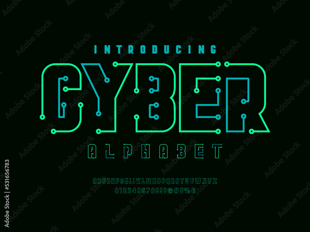 Fototapete vector of circuit board line dots alphabet design with uppercase, numbers and symbols