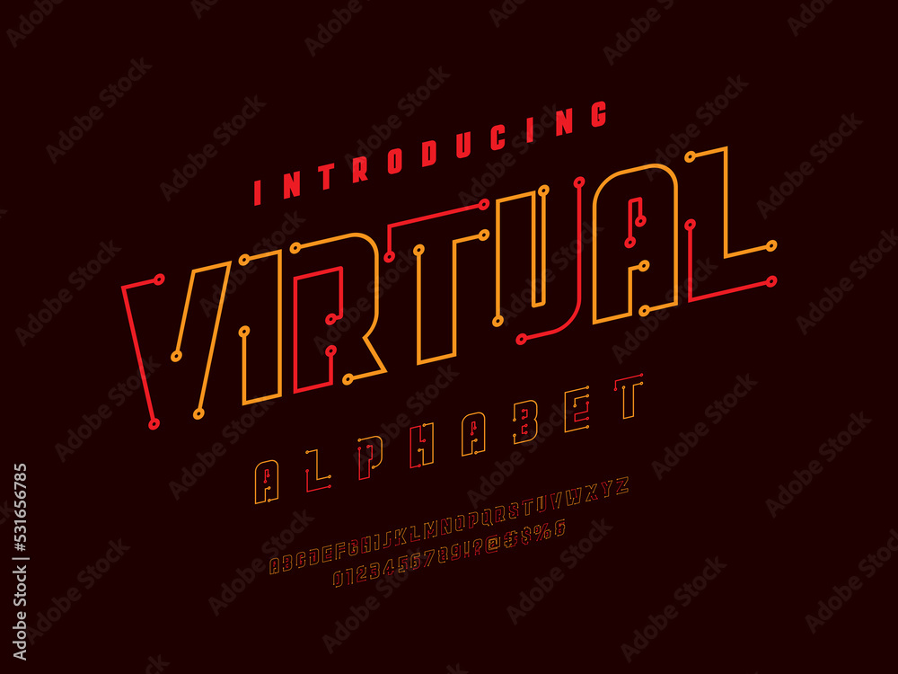 Fototapete vector of circuit board line dots alphabet design with uppercase, numbers and symbols