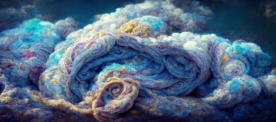 Abstract rainbow oil slick blue woolen felt arts and crafts cumulus clouds, thick twisted yarn and rough fiber texture - Dreamy and imaginative surreal summer thunderstorm craft. 