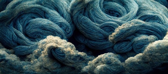 Abstract dark cobalt blue woolen felt arts and crafts cumulus clouds, thick twisted yarn and rough fiber texture - Dreamy and imaginative surreal summer thunderstorm craft. 