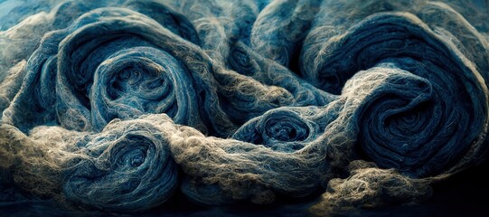 Abstract dark cobalt blue woolen felt arts and crafts cumulus clouds, thick twisted yarn and rough fiber texture - Dreamy and imaginative surreal summer thunderstorm craft.  - obrazy, fototapety, plakaty