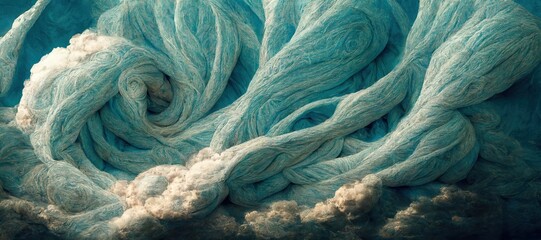 Abstract light turquoise blue woolen felt arts and crafts cumulus clouds, thick twisted yarn and rough fiber texture - Dreamy and imaginative surreal summer thunderstorm craft. 