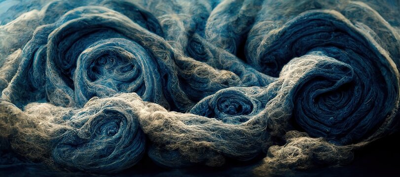 Abstract dark cobalt blue woolen felt arts and crafts cumulus clouds, thick twisted yarn and rough fiber texture - Dreamy and imaginative surreal summer thunderstorm craft. 
