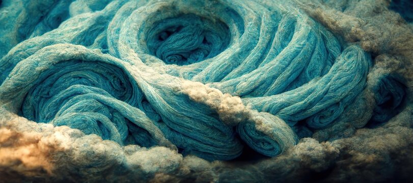 Abstract light turquoise blue woolen felt arts and crafts cumulus clouds, thick twisted yarn and rough fiber texture - Dreamy and imaginative surreal summer thunderstorm craft. 