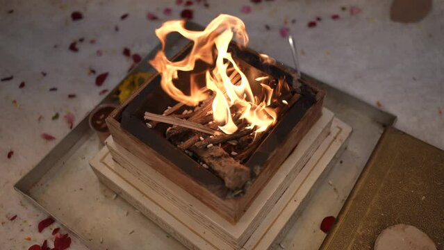 Slow Motion shot of Agni havan kund hindus yagya at an Indian Wedding  Function 