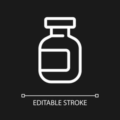 Medication bottle pixel perfect white linear ui icon for dark theme. Drug package. Liquid remedy. Vector line pictogram. Isolated user interface symbol for night mode. Editable stroke. Arial font used