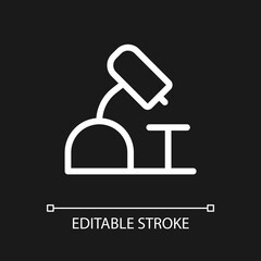 Microscope pixel perfect white linear ui icon for dark theme. Laboratory equipment. Vector line pictogram. Isolated user interface symbol for night mode. Editable stroke. Arial font used