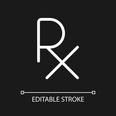 Prescription symbol pixel perfect white linear ui icon for dark theme. Medical abbreviation. Vector line pictogram. Isolated user interface symbol for night mode. Editable stroke. Arial font used