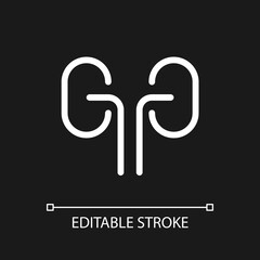Kidneys pixel perfect white linear ui icon for dark theme. Organ transplantation. Urinary system. Vector line pictogram. Isolated user interface symbol for night mode. Editable stroke. Arial font used