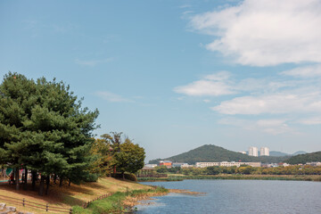 Fototapeta premium Hwarang Recreation Area park lake view in Ansan, Korea
