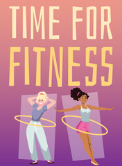 Poster with beautiful sport hula hooping girls flat style