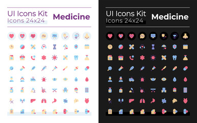 Medicine flat color ui icons set for dark, light mode. Medical treatment. Drug packaging. Healthcare. GUI, UX design for mobile app. Vector isolated RGB pictograms. Montserrat Bold, Light fonts used