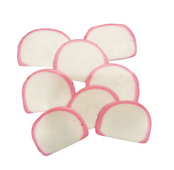 Group of sliced fish balls isolated on a white background, It's called Kamaboko in Japanese.