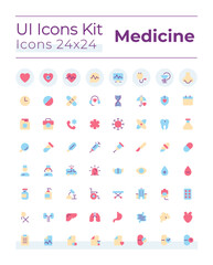 Medicine related flat color ui icons set. Healthcare. Hospital and clinic. Medical procedures. GUI, UX design for mobile app. Vector isolated RGB pictograms. Montserrat Bold, Light fonts used