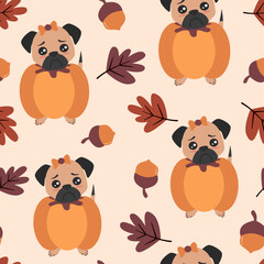 cute cartoon character pug puppy inside pumpkin costume funny holiday season vector seamless pattern background illustration with autumn leaves and acorns