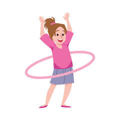 Little child girl spinning a hula hoop flat cartoon vector illustration isolated.