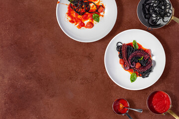 Spaghetti with cuttlefish ink and grilled octopus