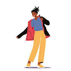 African Female Character Dressing Up Warm Coat. Woman Put on Winter or Autumn Clothes Prepare to go Outside