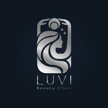 Woman beauty logo template with silver gradient emblem concept