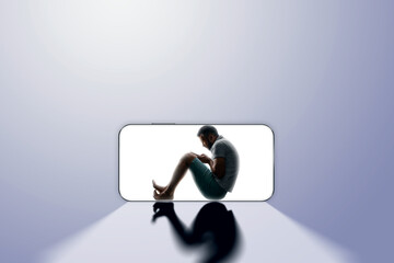 Silhouette of a male prisoner in a smartphone. Social media addiction, internet addiction, smartphone addiction. social disease. Modern design, magazine style.