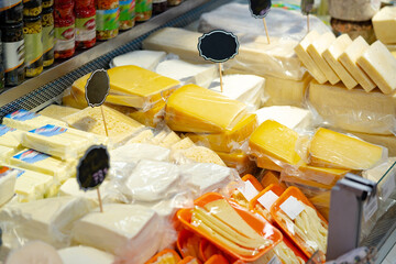 Assortment of appetizer cheese at food shop stand