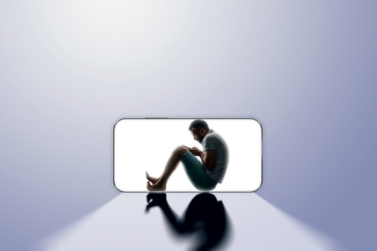 Silhouette of a male prisoner in a smartphone. Social media addiction, internet addiction, smartphone addiction. social disease. Modern design, magazine style.