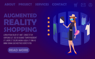 Woman using virtual reality glasses for choosing clothes, vector illustration.