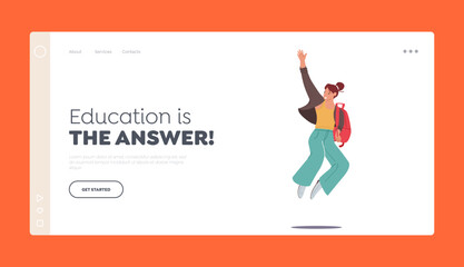 Back To School Concept For Landing Page Template. Happy Student Girl Jumping With Backpack On Shoulder
