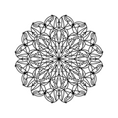 Mandala silhouette print for adult coloring book. Geometric flower shape for yoga and meditation. Decorative round floral ornament. Oriental vector illustration, anti stress therapy, coloring pages.