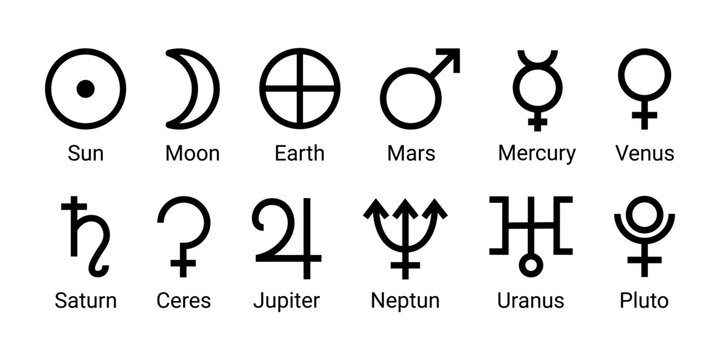 Set astrology and astronomy planet symbols. Outline icons, isolated on white background. Simple alchemy icons, glyphs of planets. Mystic planetary signs and symbols of ancient astrology and astronomy.