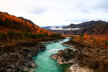 Altai mountain river landscape, panoramic scenery turquoise stream